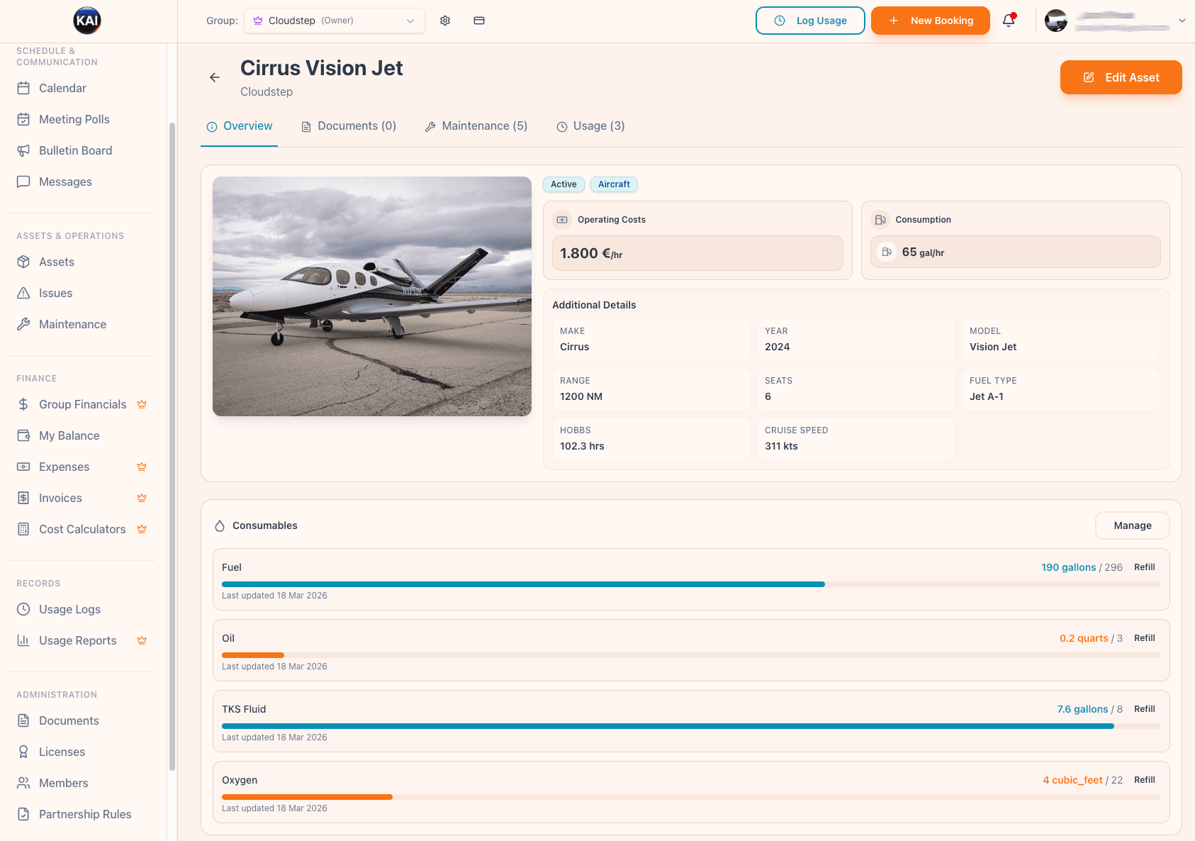 Kai Dashboard - Aircraft asset management