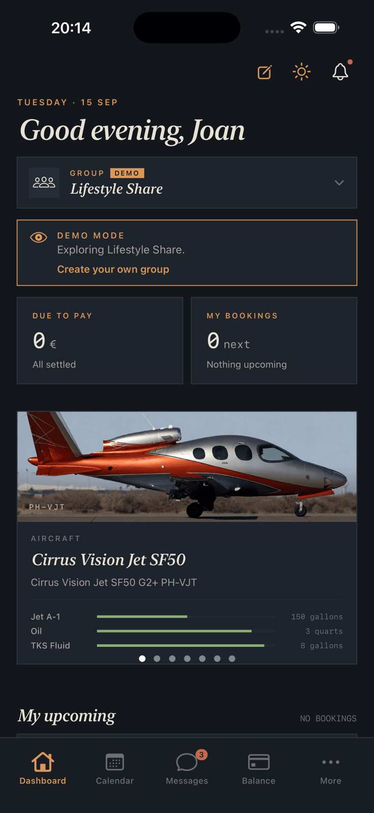 The Kai iPhone app dashboard: amount due, next booking and the group's aircraft