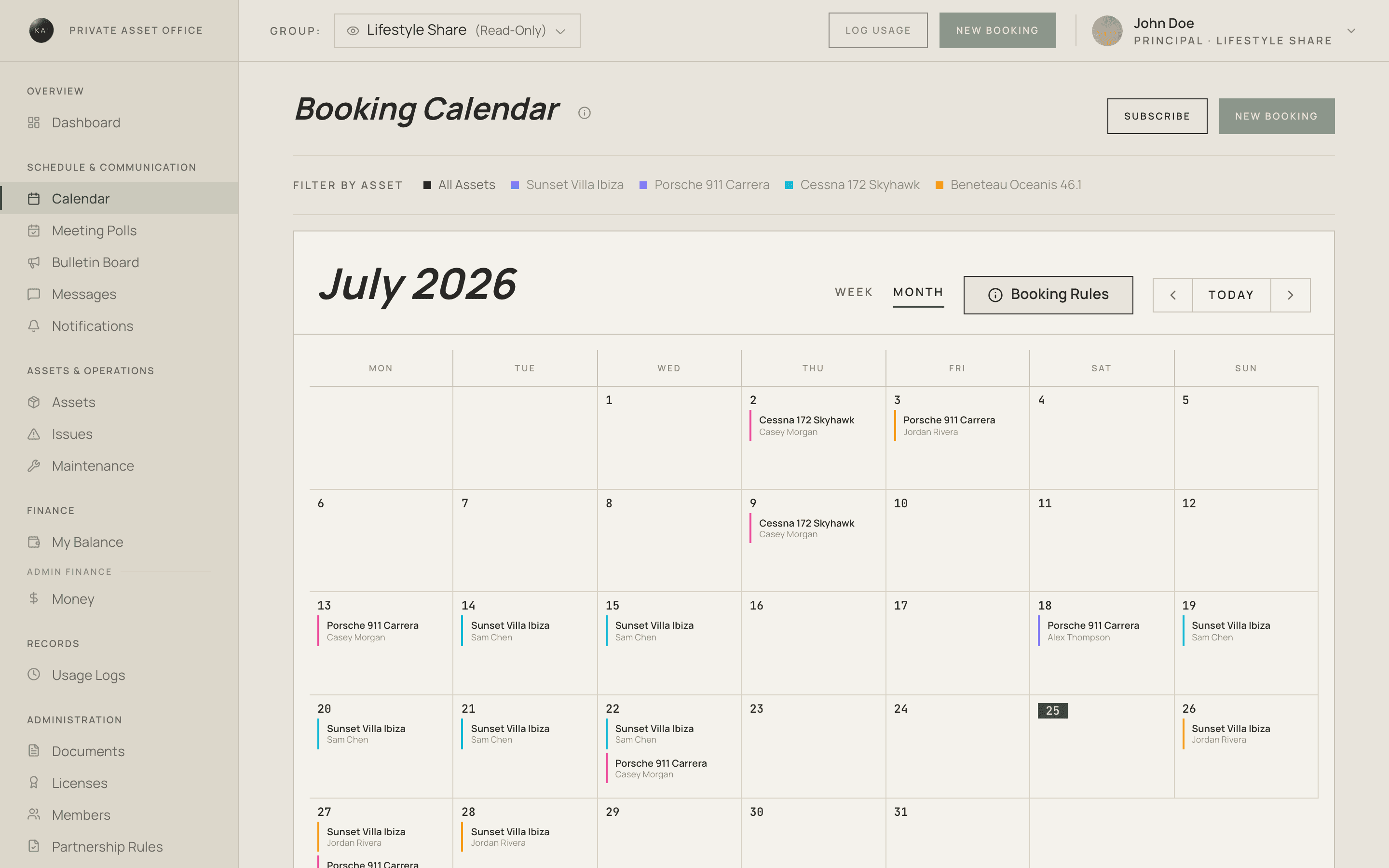 Month calendar with colour-coded bookings per asset