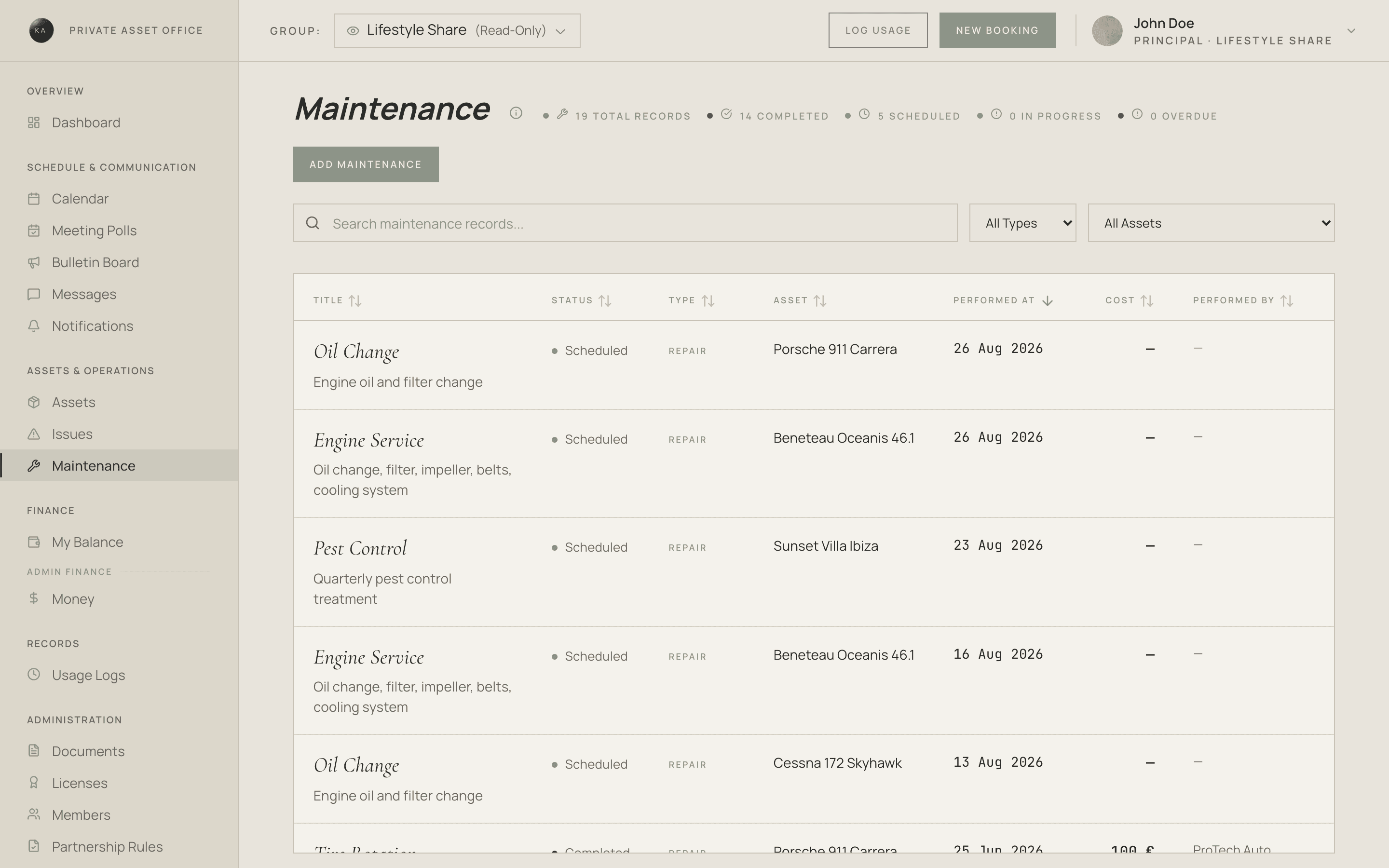 Maintenance register listing scheduled services per asset
