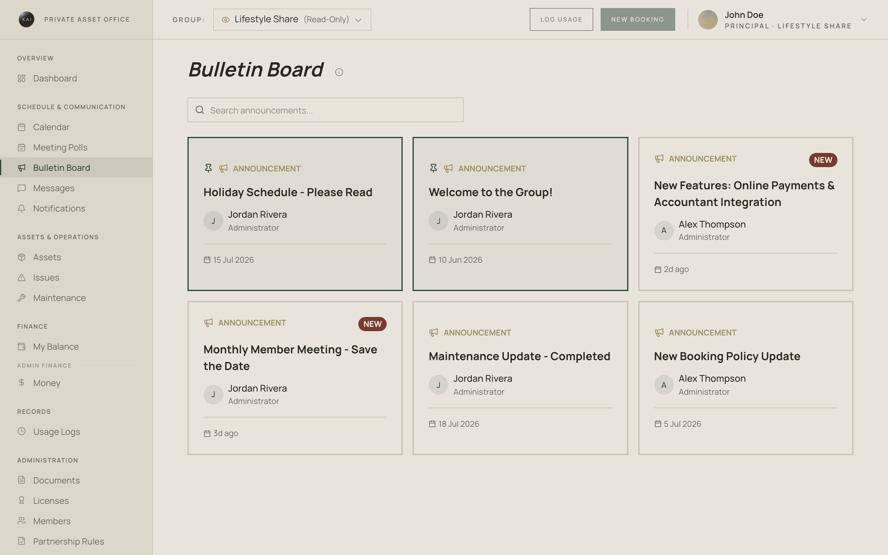Bulletin board of group announcements and policy updates
